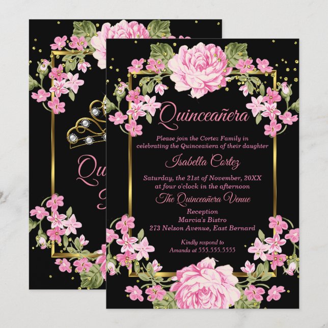 Quinceanera Rosa Söt Land Blommigt Guld Black Inbjudningar (Fram/baksida)