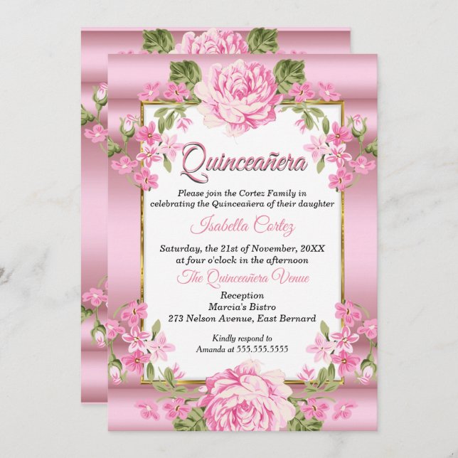 Quinceanera Rosa Söt Land Blommigt Guld Inbjudningar (Fram/baksida)