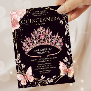 Quinceañera Rosa Tiara Blommigt Butterfly Spanska Inbjudningar