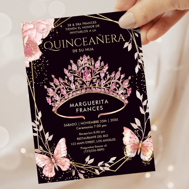 Quinceañera Rosa Tiara Blommigt Butterfly Spanska Inbjudningar (Skapare uppladdad)