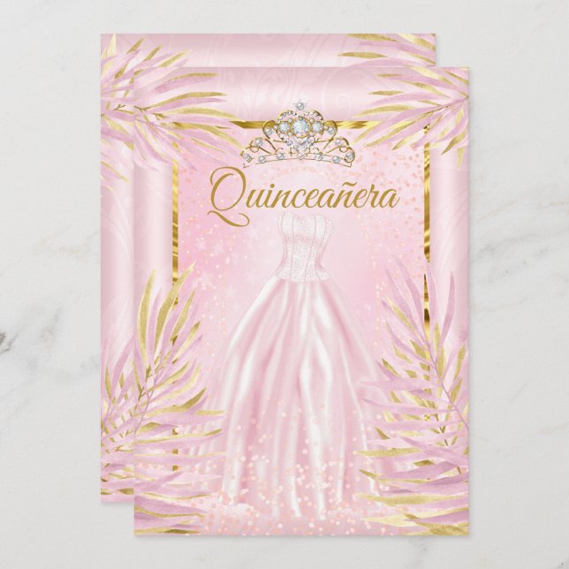 Quinceanera  Rosa Tiara Dress Födelsedagsfest Inbjudningar (Fram/baksida)
