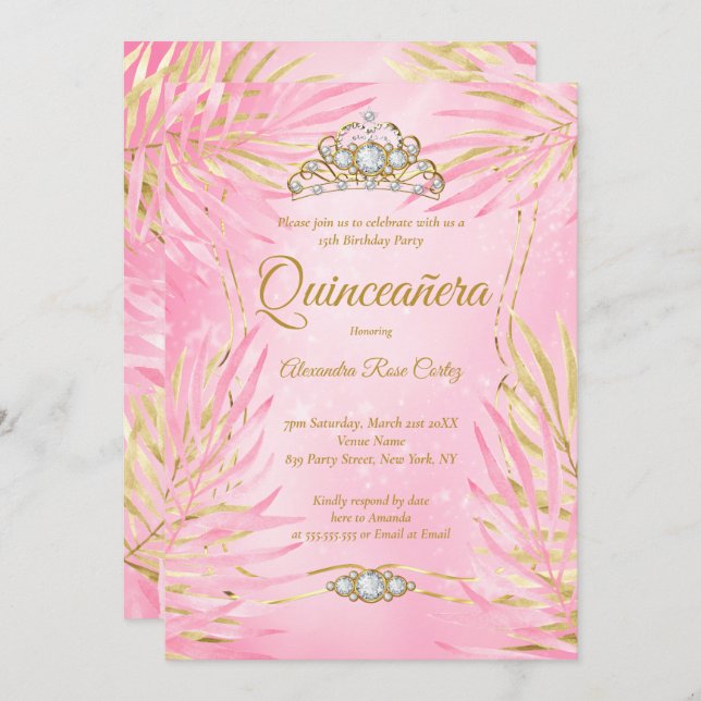 Quinceanera  Rosa Tiara Handflatan Födelsedagsfest Inbjudningar (Fram/baksida)