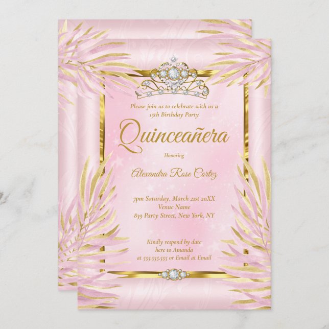 Quinceanera  Rosa Tiara Photo Födelsedagsfest Inbjudningar (Fram/baksida)
