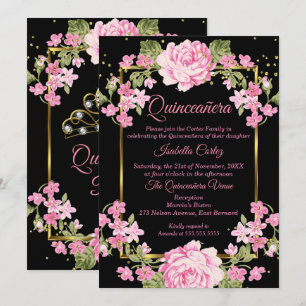 Quinceanera Rosa Vacker Landlig Blommig Guld Svart Inbjudningar