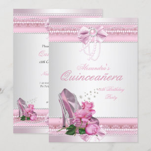 Quinceanera Rosa Vacker Vit Ros Hög Heel 2 Inbjudningar