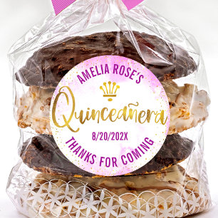 Quinceañera Rosa Vattenfärg Guld Folie Modern Glam Runt Klistermärke