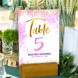 Quinceañera Rosa Vattenfärg Guld Skrift Glitter Bordsnummer