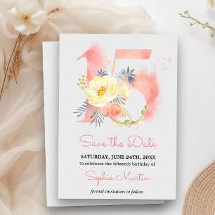 Quinceanera  Rosa Vattenfärgad Blommigt 15 Spara Datumet