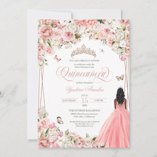 Quinceanera  Rosa Vit Blommigt och fjäril in Inbjudningar (Framsida)