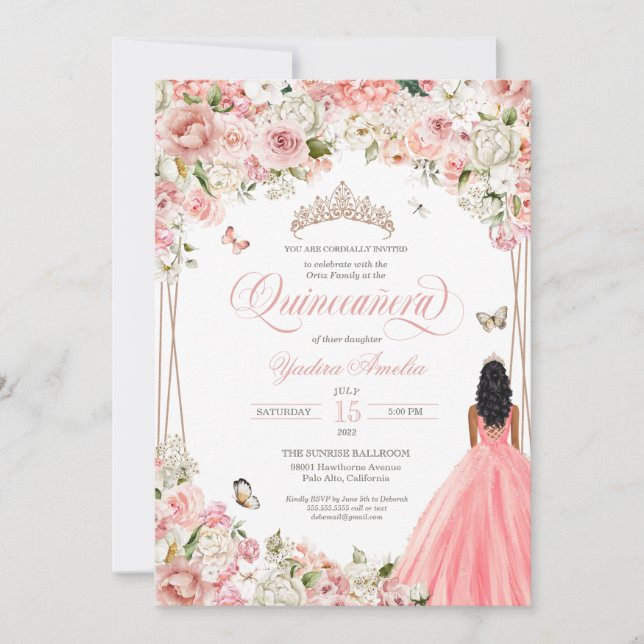 Quinceanera  Rosa Vit Blommigt och fjäril in Inbjudningar (Framsida)
