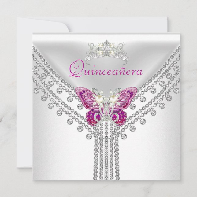 Quinceañera Rosa Vit Fjäril Diamant 2 Inbjudningar (Framsida)