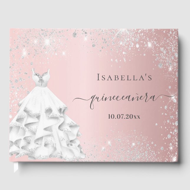 Quinceanera  rosa, vit klänning glitter gästböcker (Framsida)