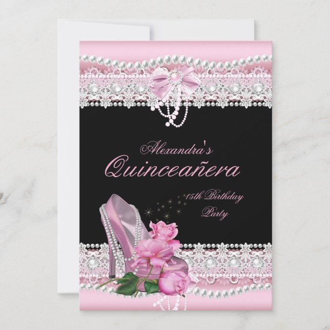 Quinceanera Rosa Vit Ros Hög Hæl 3 Inbjudningar (Framsida)