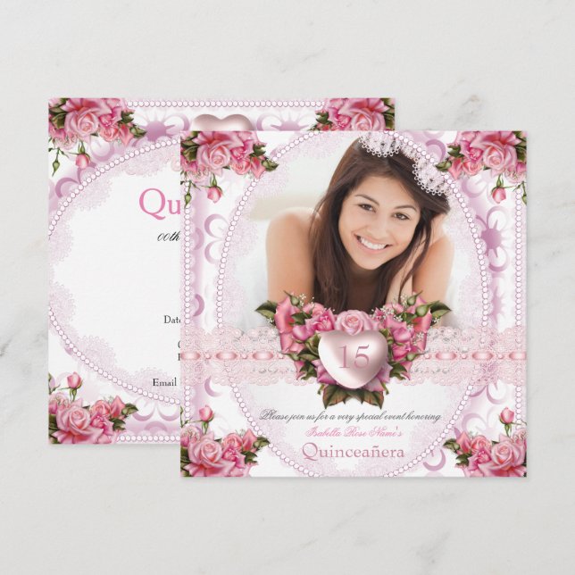 Quinceanera Rosa Vita Rosa Födelsedag 2 Inbjudningar (Fram/baksida)