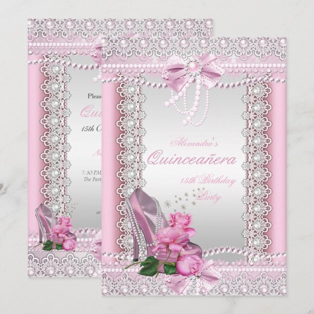 Quinceanera Rosa Vita Rosa Höga Klackar Inbjudningar (Fram/baksida)