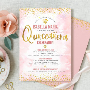 Quinceañera Rosa Watercolor Gold Foil Girly Inbjudningar