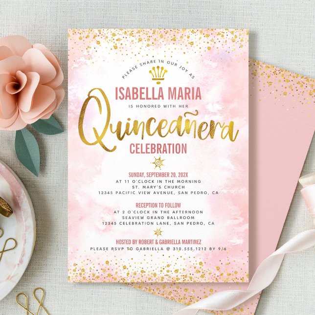 Quinceañera  Rosa Watercolor Gold Foil Girly Inbjudningar (Skapare uppladdad)