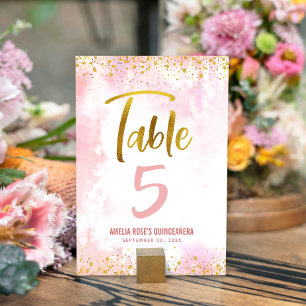 Quinceañera Rosa Watercolor Guld Glitter Bordsnummer