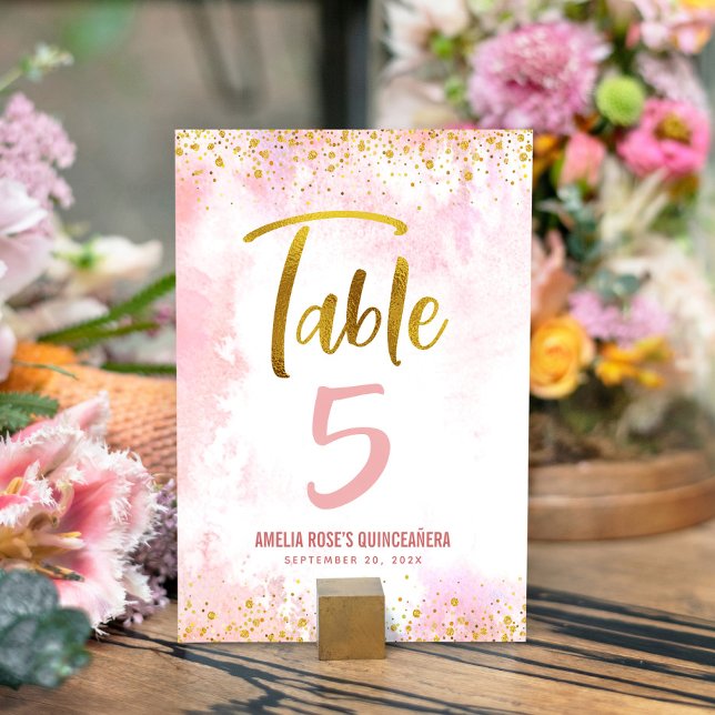 Quinceañera  Rosa Watercolor Guld Glitter Bordsnummer (Skapare uppladdad)