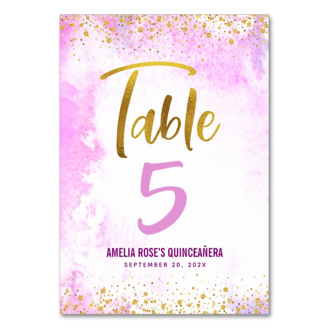 Quinceañera Rosa Watercolor Guld skript Glitter Bordsnummer (Framsidan)