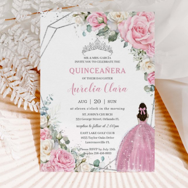 Quinceañera Rosa White Blommigt Silver 16:e födels Inbjudningar (Skapare uppladdad)