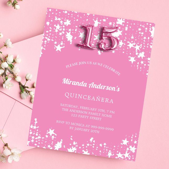 Quinceanera rosa white stars-inbjudan (Skapare uppladdad)