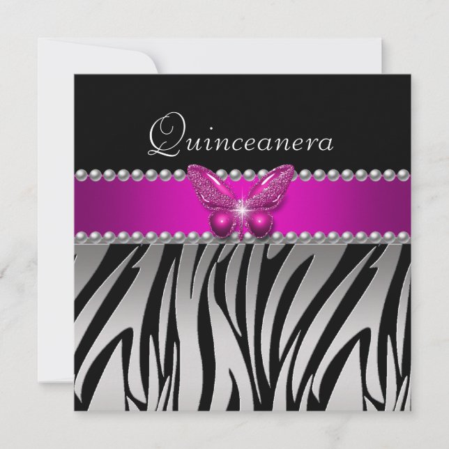 Quinceanera Rosa Zebra Silver Svart Fjäril Inbjudningar (Framsida)