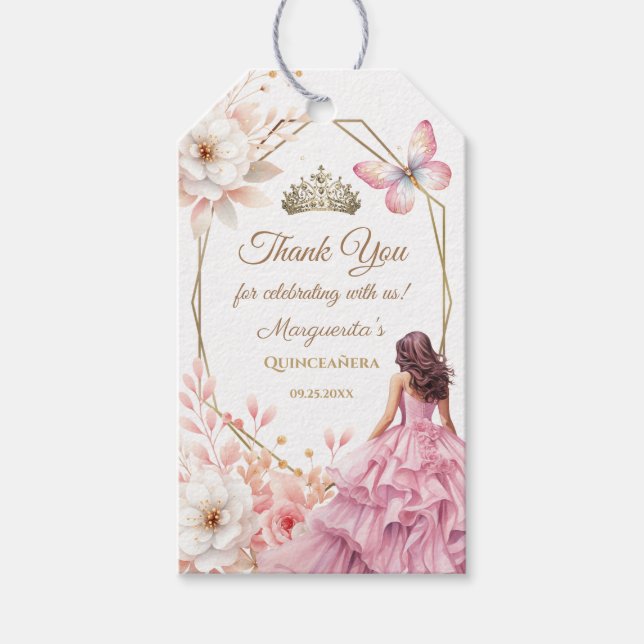 Quinceañera Rosabeige Blommig Prinsessa Fjäril Presentetikett (Framsidan)