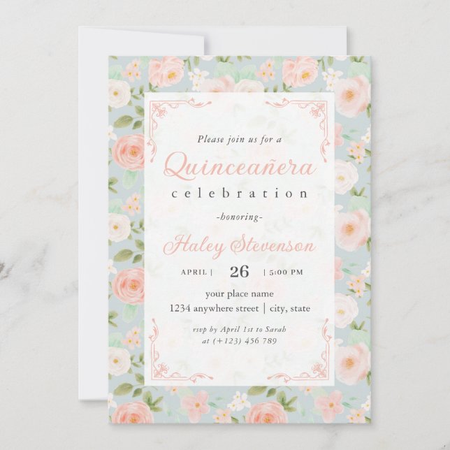 Quinceanera rosablommig elegant chic blommig inbjudningar (Framsida)