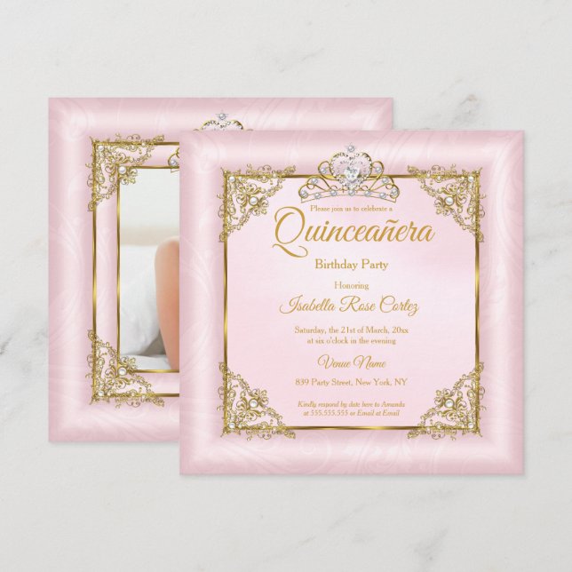 Quinceanera rosablommig rosa damast foto Guld Tiar Inbjudningar (Fram/baksida)