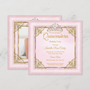 Quinceanera rosablommig rosa damast foto Guld Tiar Inbjudningar