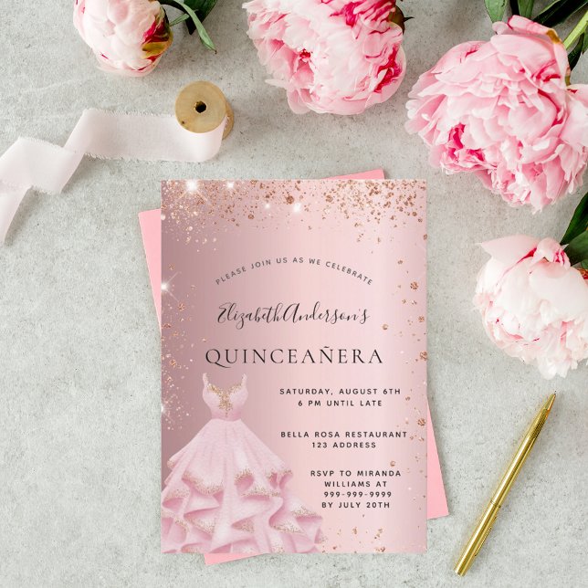 Quinceanera rosabränd rosa guld glitterklänning inbjudningar (Skapare uppladdad)