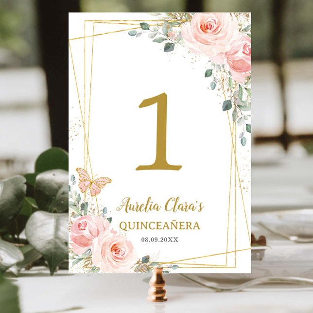 Quinceañera rosabruden blommor guld fjärilar bordsnummer (Skapare uppladdad)