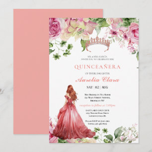 Quinceañera Rosabruden Rosa Blommig Fjäril Tiara Inbjudningar