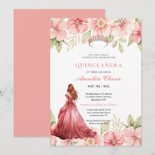 Quinceañera Rosabruden Rosa Blommig Fjäril Tiara Inbjudningar