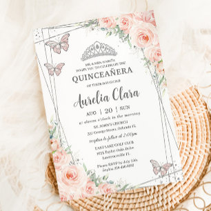 Quinceanera Rosabruna Blommor Silverfjärilar Inbjudningar
