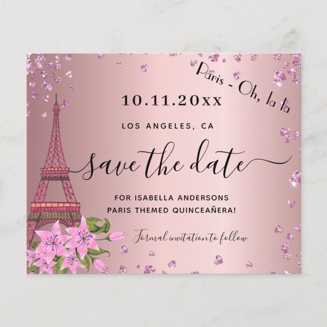 Quinceanera rosafärgad paris budget sparande datum flygblad (Framsidan)