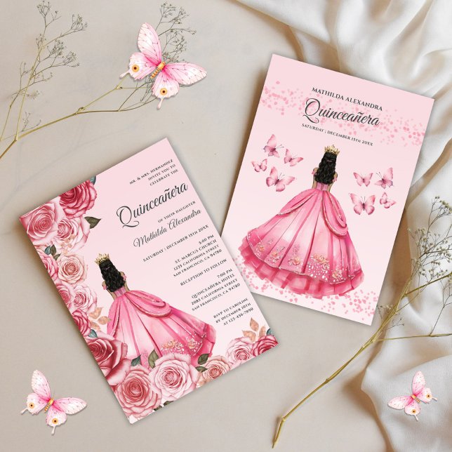 Quinceanera rosaköttrosa guldblommig inbjudningar (Elegant Rose Gold Floral Princess Quinceanera Invitation)