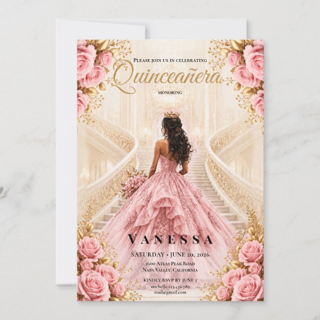 Quinceanera rosakräm och guld inbjudan (Framsida)