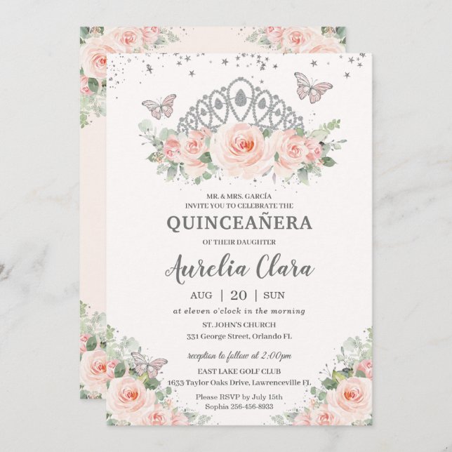 Quinceañera rosaktig rosa blommig tiara fjärilar  inbjudningar (Fram/baksida)