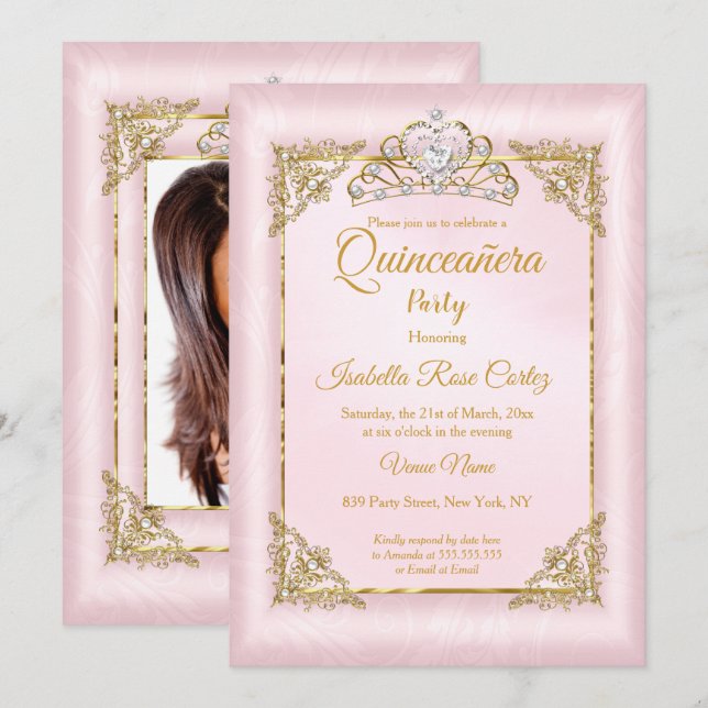 Quinceanera Rosaktig Rosa Damast foto Guld Tiara Inbjudningar (Fram/baksida)