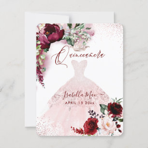 Quinceanera rosaktig vinröd vattenfärg blommor Inv Inbjudningar