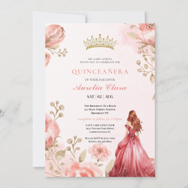 Quinceañera Rosalöd Rosa Blommig Fjäril Tiara Inbjudningar (Framsida)