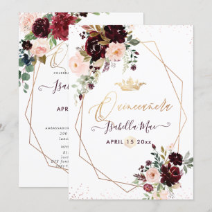 Quinceanera Rosé Burgunder Vattenfärg Blommor Inbjudningar