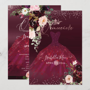 Quinceanera Rosé Burgundy Vattenfärg Blommor Inbjudningar