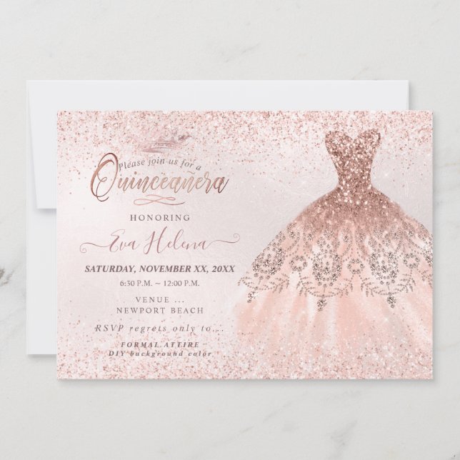 Quinceañera, Rose Gold Glitterklänning Inbjudningar (Framsida)
