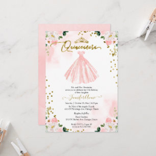 Quinceanera Rosenskära Akvarellblommor Rosa Klänni Inbjudningar
