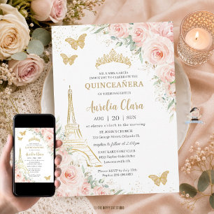 Quinceañera Rosenskärmsblommor Paris Eiffeltorn Ch Inbjudningar