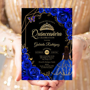 Quinceanera Royal Blå Guld Fjärils Klänning Blommi Inbjudningar
