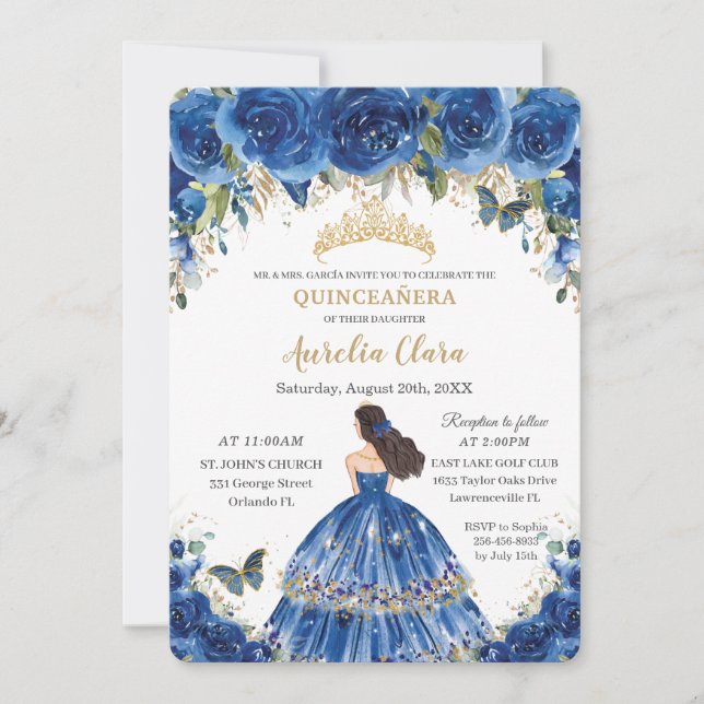 Quinceañera Royal Blåa blommor Butterflies Tiara Inbjudningar (Framsida)